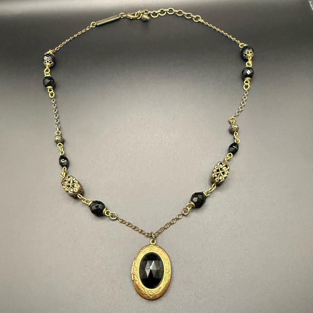Jan Michaels Brass and Onyx Locket Pendant Necklace Classic Vintage